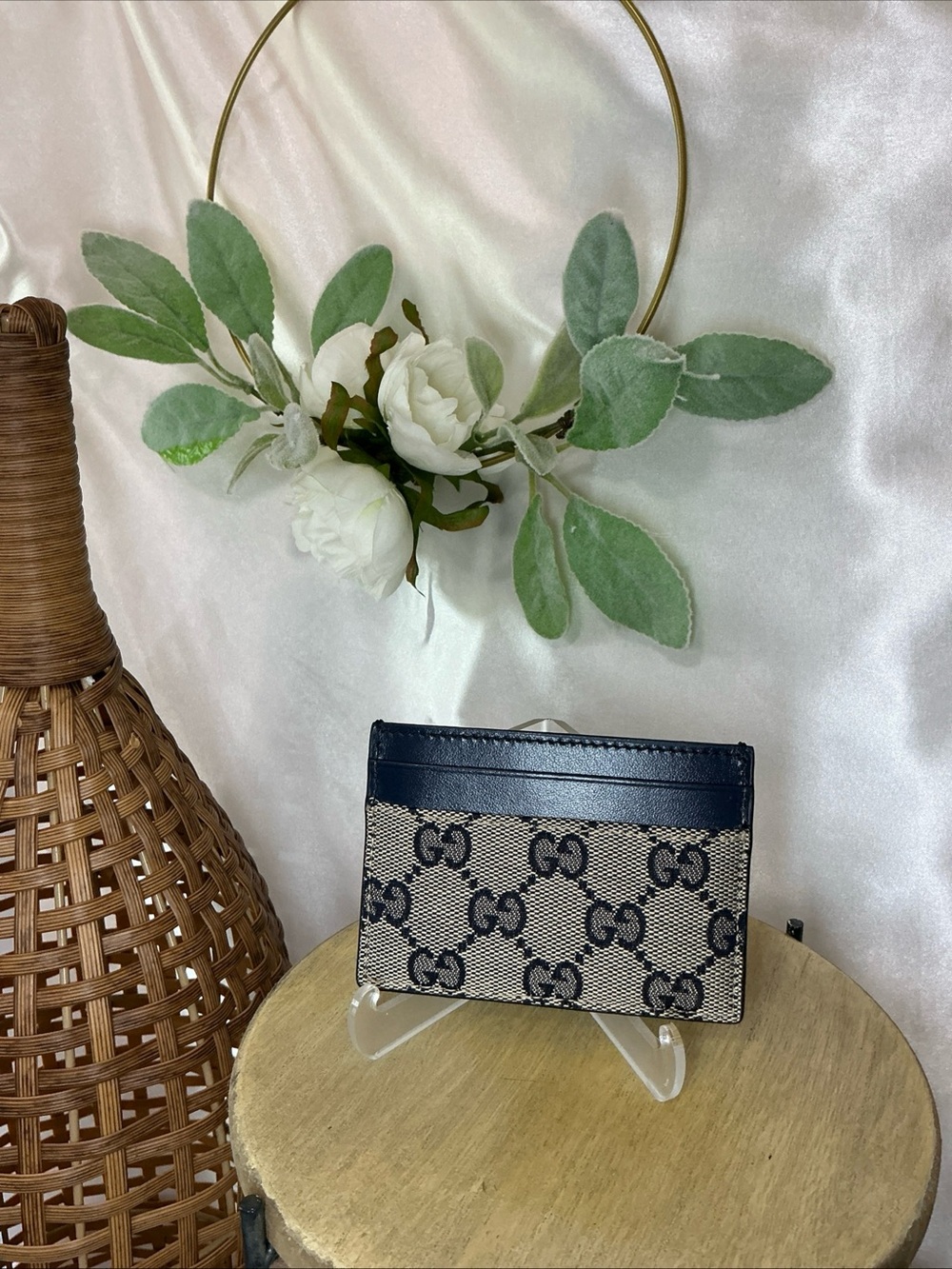 NWOT Gucci Monogram Canvas Card Holder in Navy/Beige w COA